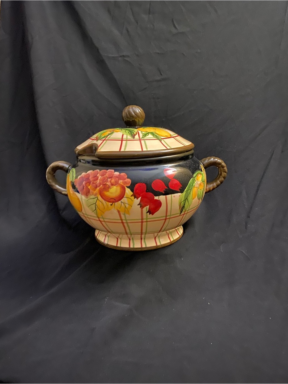 Vintage Zrike Everyday Bountiful Soup Tureen with Lid - Hand Painted Fruit Plaid